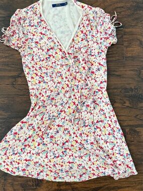 Ralph Lauren Pastel Floral Wrap Dress - White Base with Pink & Blue